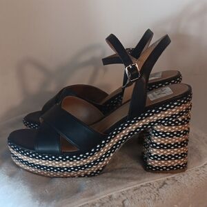 Dolce Vita Black Platform Sandals with Woven Tan & White Trim